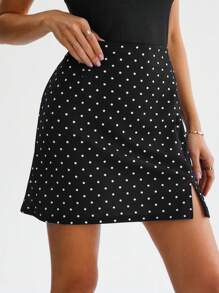 Wildy Women Polka Dot Print Split Hem Elegant Pencil Skirt For Work