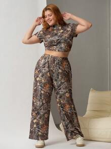 SHEIN EZwear 2 件套大码立领印花短袖上衣和长裤休闲装夏季