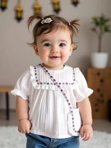 Baby Girl White Round Neck Princess Ruffle Top Sweet Suitable For Outdoor Wear - White - View 4