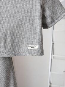 SHEIN Young Girl Daily Soft Round Neck Knitted Solid Color Round Neck Short Sleeve Top With Slight Flared Pants Set - Grey - View 3