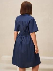 SHEIN Clasi 大码纯色前扣短袖休闲迷你连衣裙 - 藍色 - 查看 2