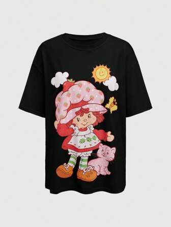 Women's Casual Cartoon Print Round Neck Short Sleeve T-Shirt, Summer