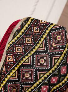 SHEIN Maternity Geometric Print Puff Sleeve Patchwork Dress - Red - View 7