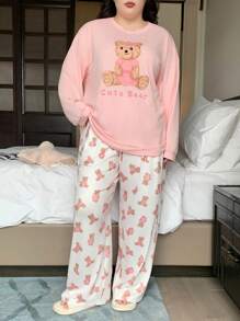 Dazy Plus 大码小熊图案印花宽松休闲睡衣套装，包含上衣和裤子，适合所有季节，秋冬季服装 - 粉色 - 查看 4
