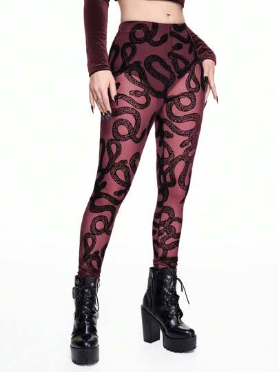 Women's Gothic Snake Skin Flocked Tight Sheer Leggings