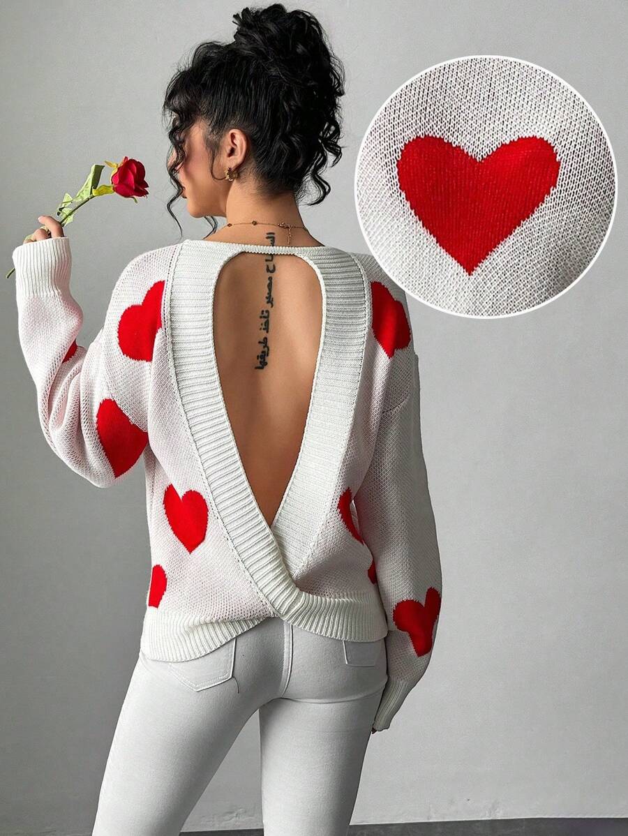Chiquease Fashionable Sexy Valentine's Day Backless Heart Jacquard Sweater Fall Winter Cloth For Women - White - View 1