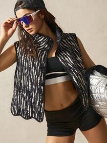 VARSITIE High Collar, Sleeveless, Black And White Tie-Dye Pattern, Asymmetric Hem Women Outdoor Jackets - Black - View 4