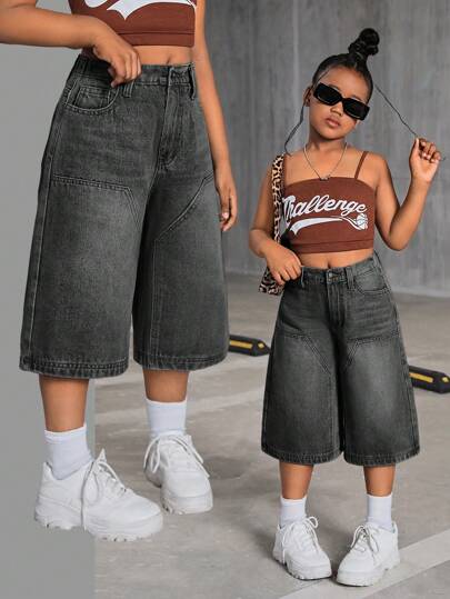 SHEIN Tween Girls Y2K 2000s Retro Washed Baggy Casual Denim Wide Leg Knee Length Jeans Shorts,Girls Fall Clothes Back To School Streetwear Outfits