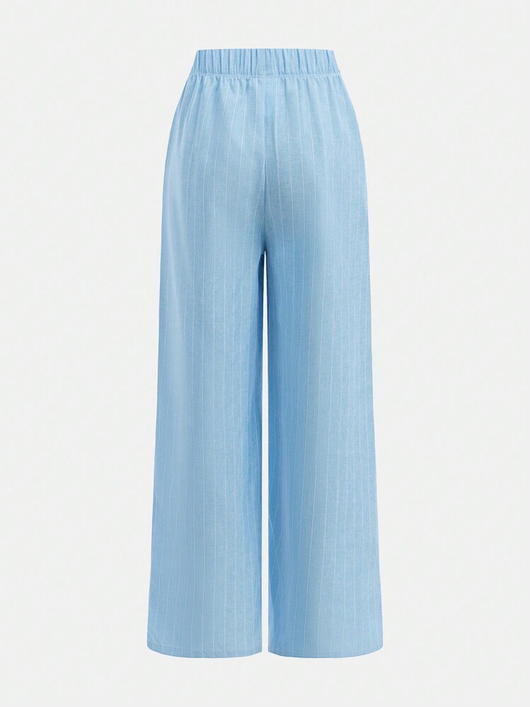 SHEIN Nova Glow 少女休闲条纹无袖编织上衣搭配宽松长裤套装，夏季穿搭 - 淺藍色 - 查看 6