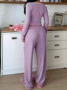 SweetSlumber Women Lace Trim & Rhinestone Collar Long Sleeve Minimalist Top And Lounge Pants Pajamas Set