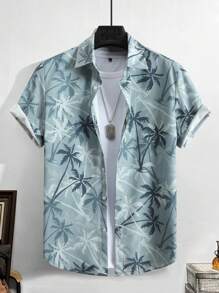 Manfinity RSRT Men's Minimalist Front Button Short Sleeve Top With Allover Plant Print