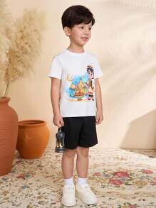 2pcs Boys' Summer Casual T-Shirt & Shorts Set, Soft Fabric, Minimalist Fashion - Black and White - View 6