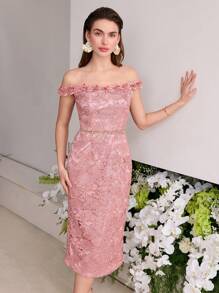 MOTF Soiréza VÁY MIDI TRẮNG VAI REN GUIPURE - Hồng - Xem 3