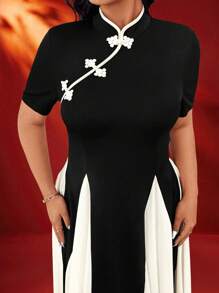 Celure Plus Size Qipao Style Mock Neck Slit Hem Short Sleeve Button Down Flare Dress, For Valentine's Day, Chinese New Year, Holidays