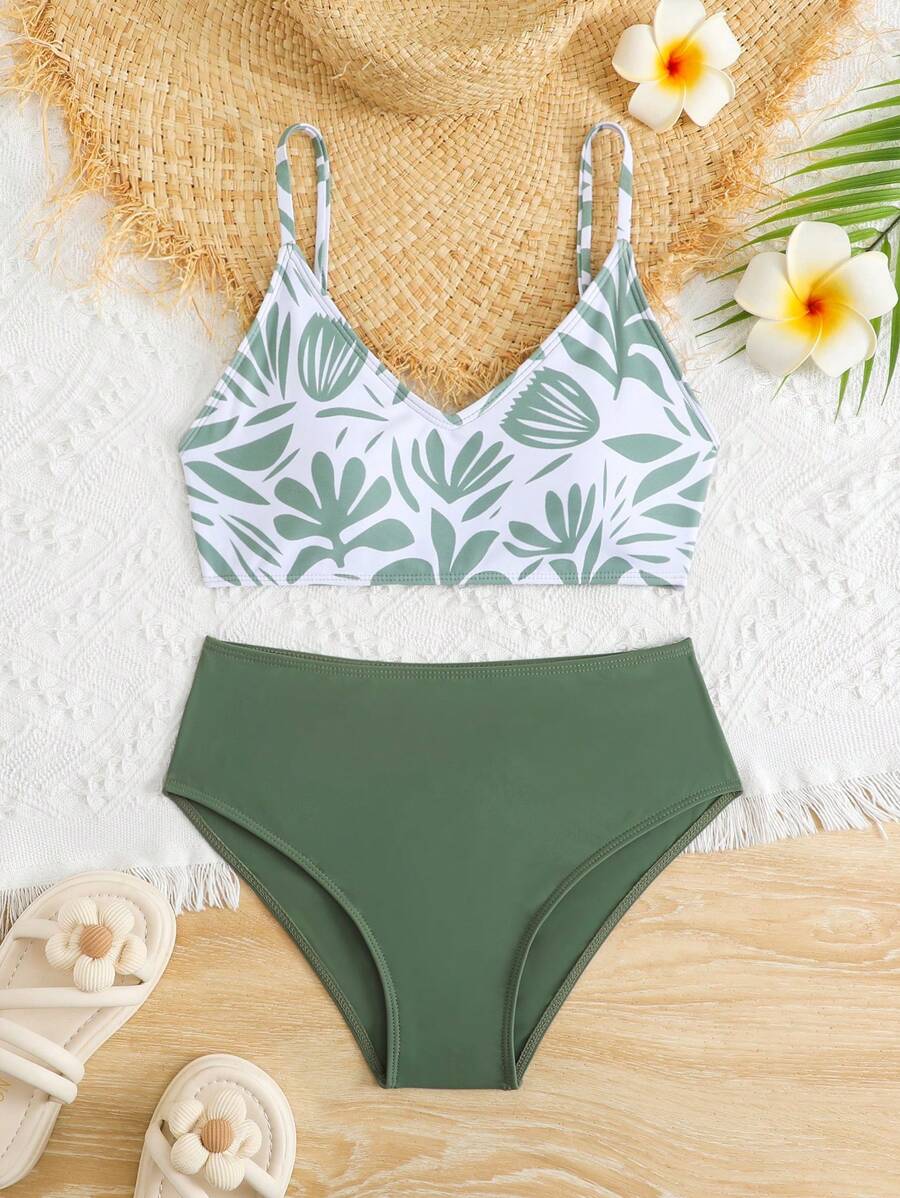 SHEIN Teen Girls Plant Print Swimwear Set For Beach Vacation Summer Holiday - Green - View 1