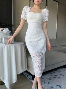 DAZY 女士蕾丝方领泡泡袖开衩中长连衣裙舞会礼服优雅太阳裙，婚礼礼服 - 白色 - 查看 3