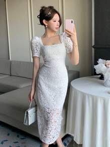 DAZY 女士蕾丝方领泡泡袖开衩中长连衣裙舞会礼服优雅太阳裙，婚礼礼服 - 白色 - 查看 6