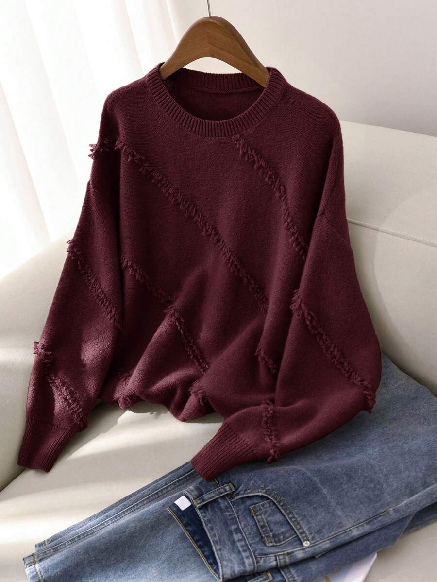 CosyJoli Plus Size Women Crew Neck Fuzzy Edge Loose Casual Comfortable Pullover Sweater - Burgundy - View 1