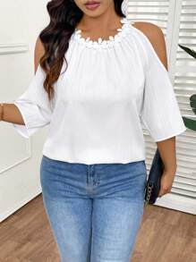 SHEIN Frenchy Plus Size Casual Elegant Open Shoulder Textured Panel Ruffled Trim 3/4 Sleeve Blouse - White - View 1