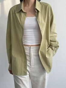 DAZY Casual Loose Solid Color Long Sleeve Women's Blouse - Olive Green - View 3