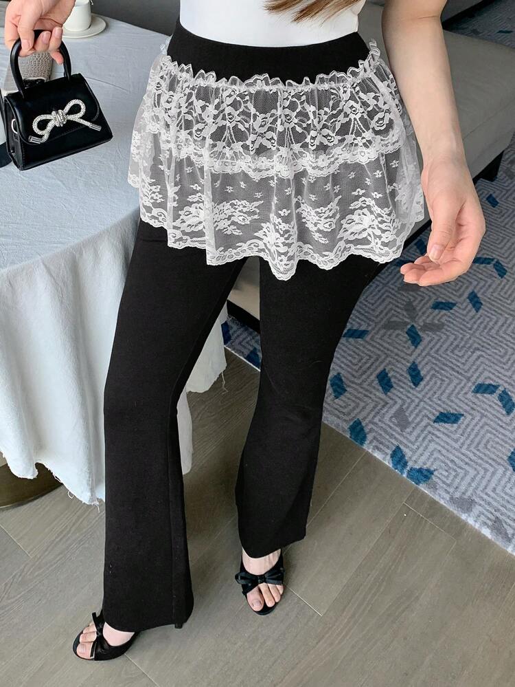 Sheer Lace Patchwork Flared Pants, Slim Fitted Leggings For Women, Suitable For Date Night