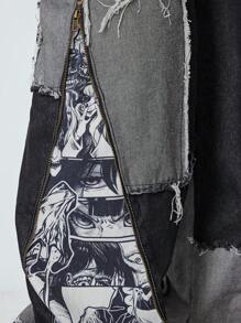 ROMWE MEN Street Life 印花图案男式牛仔裤，不对称剪裁 - 黑色 - 查看 4