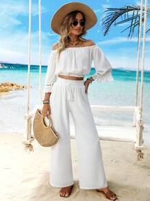 Breezaya Women's White Boho Beach Vacation Wide Leg Pants Fall Cloth For Women - White - View 6