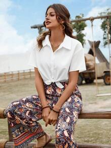 SHEIN LUNE Ensemble casual pour femmes composé d'une chemise unie avec nœud papillon et d'un débardeur à imprimé avec fine bretelle. Tenue occidentale pour femmes, idéale pour les vacances et l'été - Multicolore - Voir 6