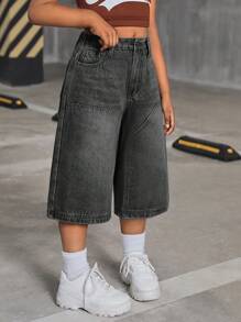 SHEIN Tween Girls Y2K 2000s Retro Washed Baggy Casual Denim Wide Leg Knee Length Jeans Shorts,Girls Fall Clothes Back To School Streetwear Outfits - Light Wash - View 4