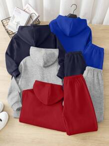 8pcs Tween Boy Casual Korean Style Letter & Graphic Print Hoodie Sweatshirt And Solid Color Sweatpants 2 Pieces Set, 4 Designs, Suitable For School, Garden, Beach, Birthday, Spring, Summer, Autumn, Winter