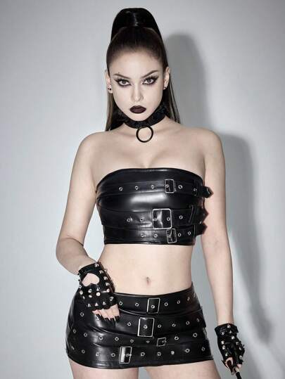 Grunge Punk Y2K Sexy Crop Top With Buckle Decor, Women PU Bralette Shirt