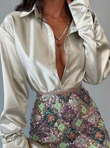 INAWLY Women Simple Plain Button Front Long Sleeve Shirt, Casual Everyday Wear Fall Cloth For Women - Khaki - View 2