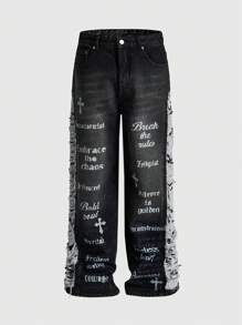 ROMWE MEN Street Life Jeans anchos con estampado de letras desgastados con bolsillo para hombre - Negro - Ver 11