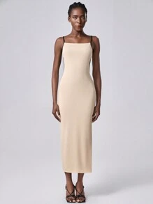 Chiquease Váy bó sát dệt kim màu mơ và đen, váy dệt kim buộc dây hở lưng - Màu be - Xem 7