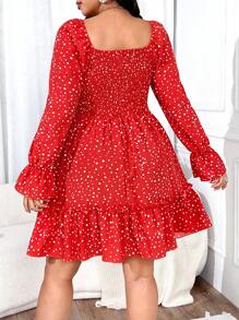 Franclia Plus Size Sweetheart Collar Ruffle Hem Long Sleeve Simple Short Dress,Valentine