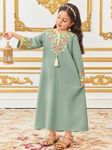年轻女孩超大休闲长款流苏腰带连衣裙 - 綠色 - 查看 3