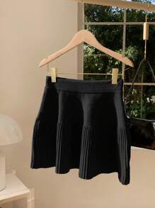 Comfortcana Women's Solid Color Elastic Waist Casual Short Knit Black Skirt In Fall/Winter - Black - View 4
