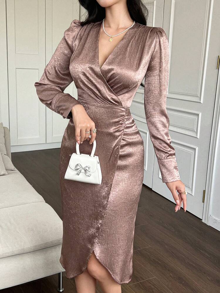 Solid Color V-Neck Puff Sleeve Pleated Slit Mid-Length Dress For Women, Formal Women Dresses, Fall Dress Long Sleeve Dress