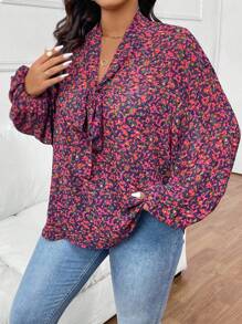 SHEIN Frenchy 大码休闲优雅系带雪纺碎花衬衫 - 彩色 - 查看 3