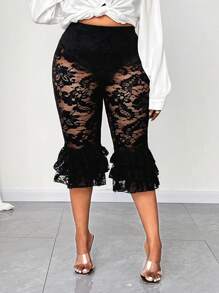 Maweii Plus Size Lace Casual Pants, Minimalist Fashion For Daily Wear - Black - View 3