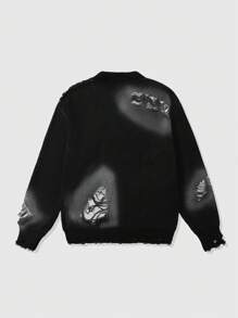 Street Life Men Distressed Jacquard Crew Neck Long Sleeve Pullover Sweater, Suitable For Spring - Black - View 2