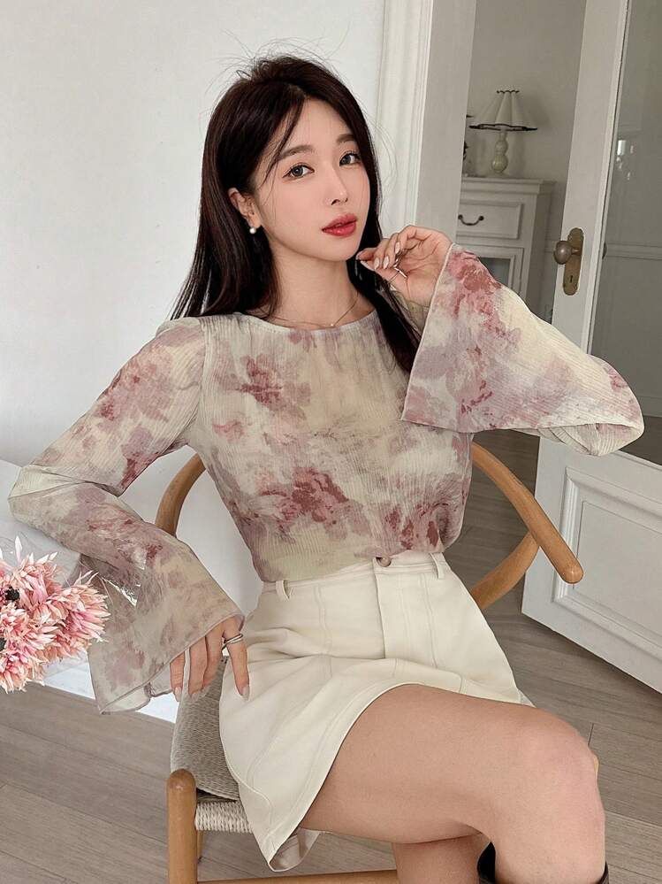 Women's Textured Floral Print Flare Sleeve Casual Blouse For Holiday, Spring & Summer Sheer Long Sleeve Top Easter - Pink - View 3