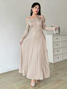 Modelyn 女士优雅露肩针织紧身连衣裙，荷叶边下摆，韩式风格 - 米色 - 查看 5