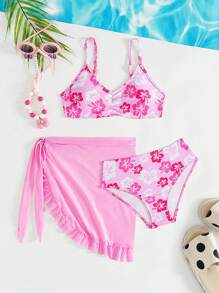 SHEIN Conjunto de traje de baño de camiseta y Bottom minimalista y casual para uso diario, para niñas preadolescentes - Rosa - Ver 1