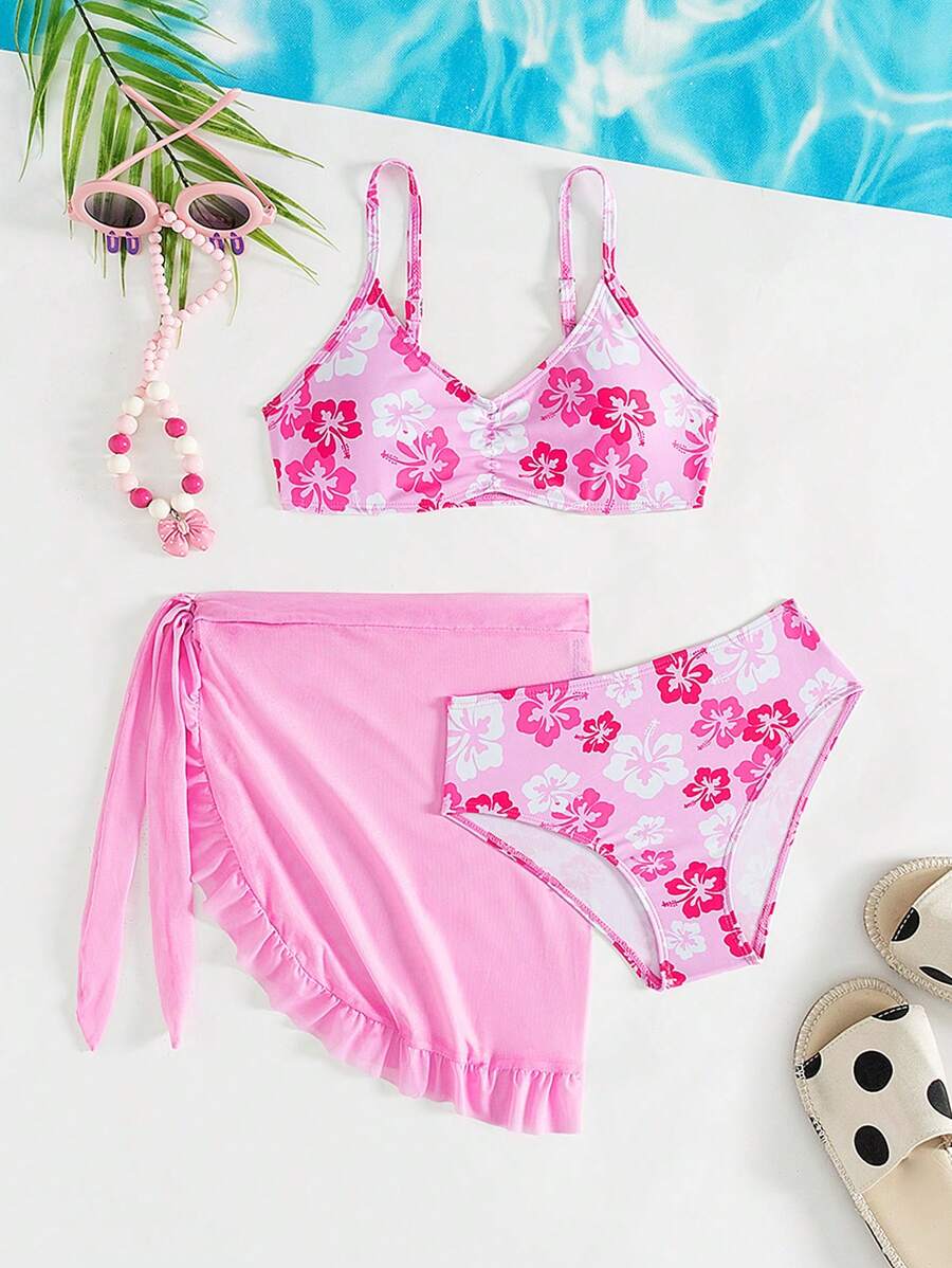 SHEIN Conjunto de traje de baño de camiseta y Bottom minimalista y casual para uso diario, para niñas preadolescentes - Rosa - Ver 1