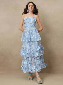 Anewsta 优雅长款露肩连衣裙，3D 花卉刺绣，蓝色蛋糕裙，奢华大气女士婚礼宾客礼服 - 藍色 - 查看 7