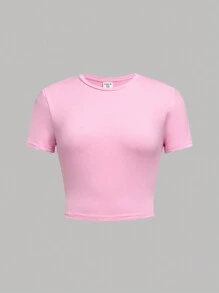 SHEIN Girlism Set da 3 t-shirt aderenti a maniche corte crop top da ragazza adolescente, casual - Rosa Baby - Visualizzare 6