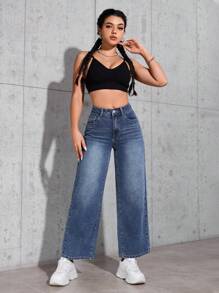 SHEIN PETITE 女士简约时尚休闲日常牛仔裤 - 藍色 - 查看 2