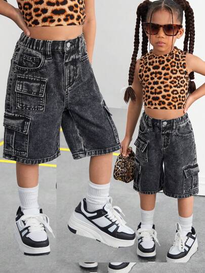 SHEIN Young Girl' Loose Fit Dark Gray Denim Pants