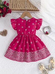 SHEIN Baby Girl Cute Floral Sleeve Round Neck Print Casual Dress, Fashionable Outdoor Summer - Hot Pink - View 2